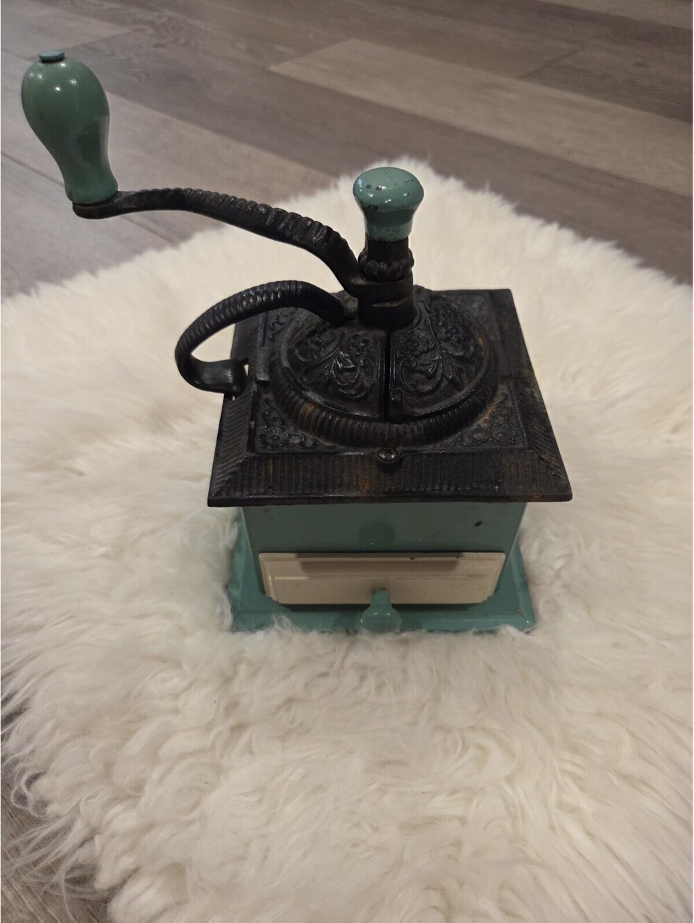 Antique Cast Iron Wood Burr Coffee Bean Grinder Turquoise White Drawer